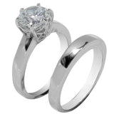 Large 6-Prong Round Solitaire 2-Ring Wedding Set Stainless Steel Rings