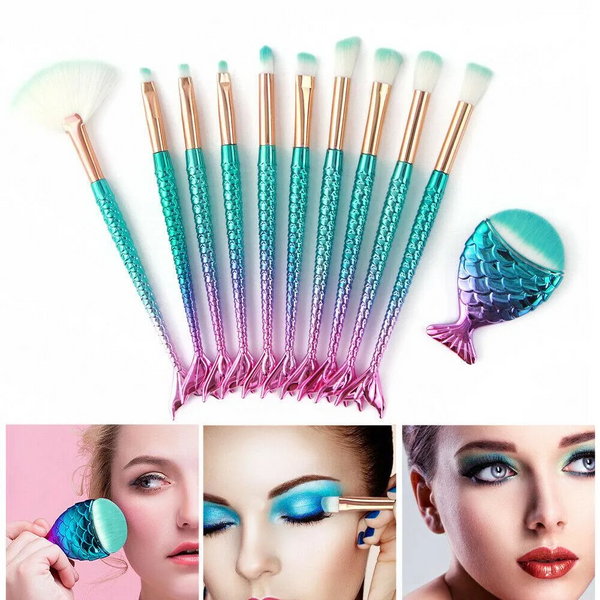 11pcs mermaid-gradient blue with fan-shaped makeup brush